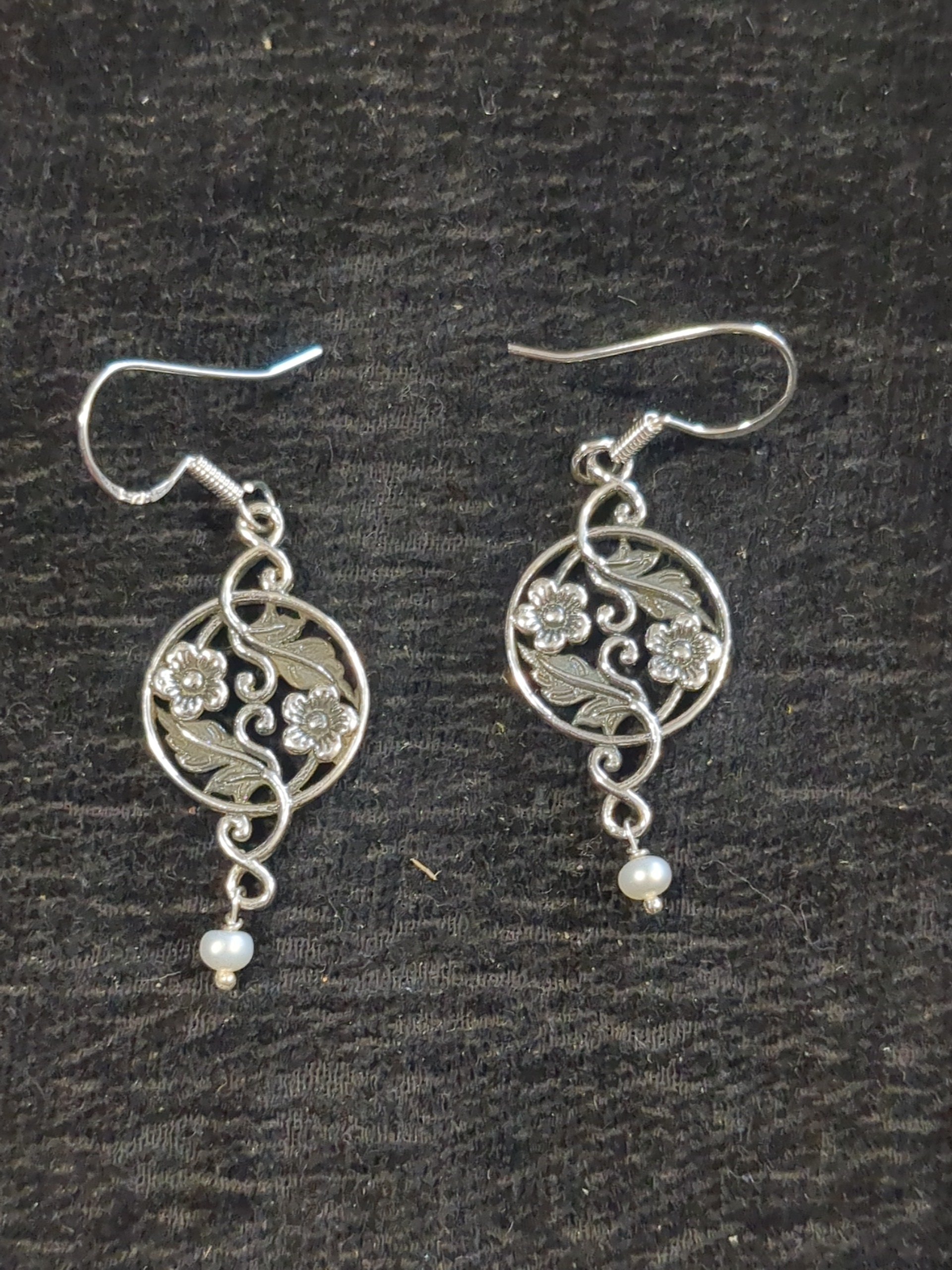 silver and pearl flower drop earrings