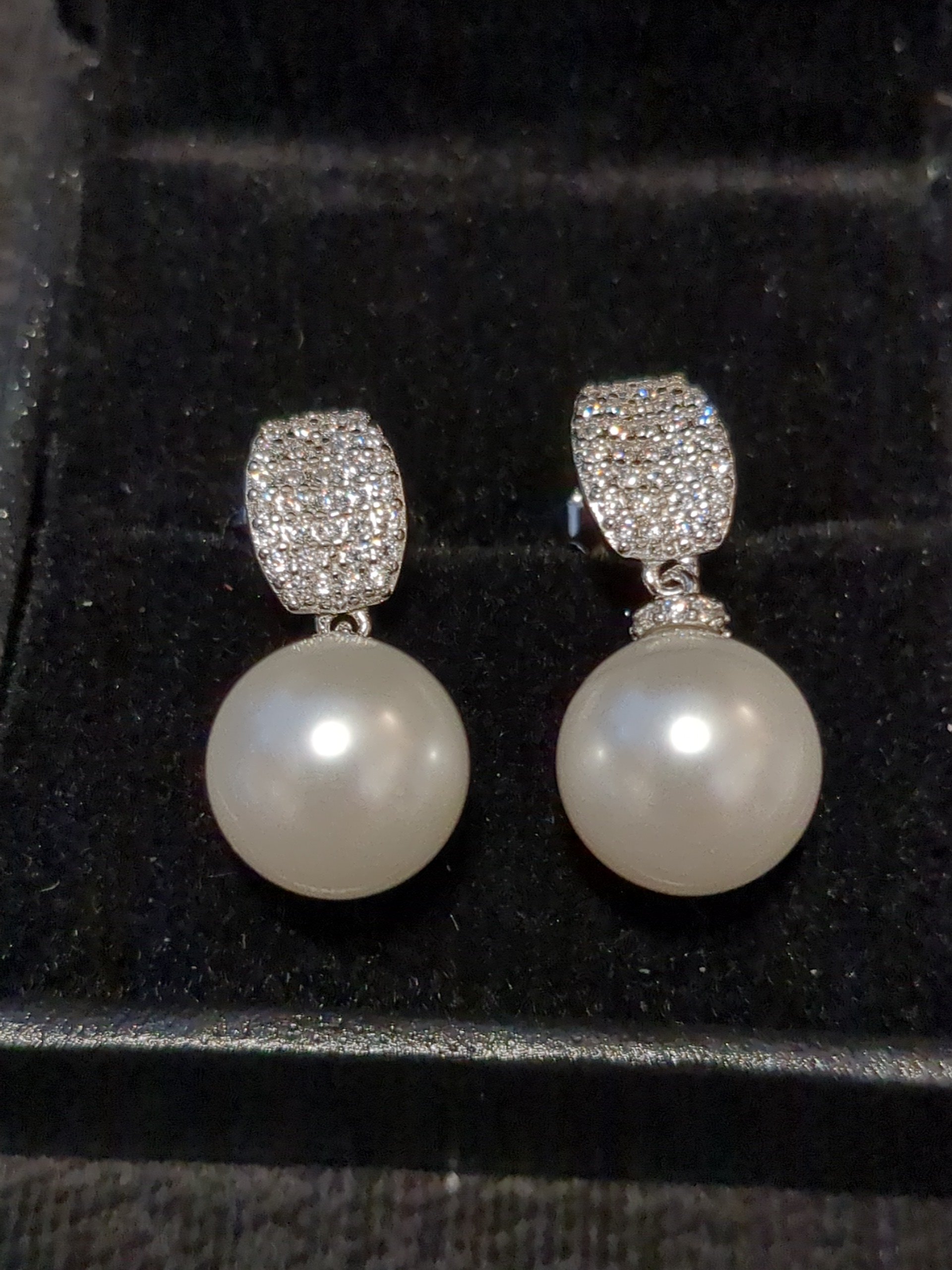 Silver pearl and cz drop earrings
